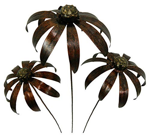 Grehge l Daisy Flower Garden Ornament Set of 3 Echinacea on 100cm stick - Bronze