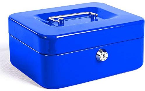 Große Geldkassette mit Tastensperre, tragbare Spardose aus Metall mit Doppelschicht und 2 Schlüsseln für Sicherheit 20 * 16 * 9 cm (XL, Blau)
