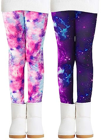 Adorel Mädchen Thermoleggings Bunt Gefütterte Winter Hosen Leggings 2er-Pack Galaxis Rosa & Violett 128 EU (Herstellergröße 130)