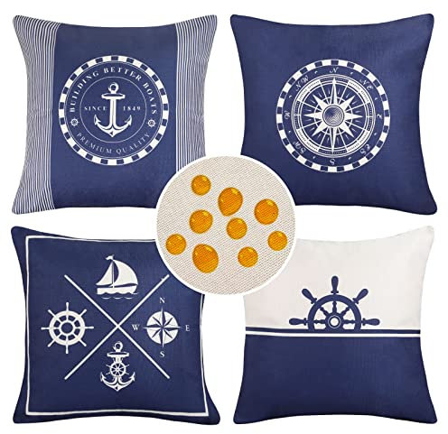 4er Set Kissenbezüge Wasserdicht Leinen 45 x 45 cm Nautisch Marineblau Anker Ruder Segelboot Kompass Dekorative Kissenhülle Zierkissenbezüge für Sofakissen Bezug Auto Garten Draußen Drinnen