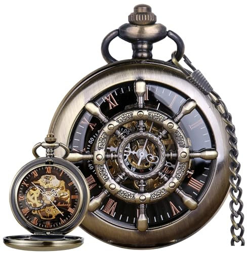 Alwesam Rudder Design Mechanical Pocket Watch Hand Wind Roman Numerals Men Steampunk with Chain Box