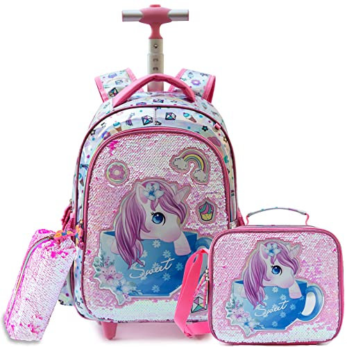 Egchescebo Rucksack Mädchen Schulranzen Trolley Schulrucksack Teenager 3PCS Kinder Schultrolley Geeignet für Schule und Reise,Essensbeutel und Federmäppchen,Mädchen Rosa Einhorn Trolley Rucksack