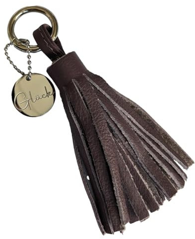 Schlüsselanhänger Taschenanhänger mit Leder-Quaste in Taupe und Mantra-Charm aus Edelstahl GLÜCK