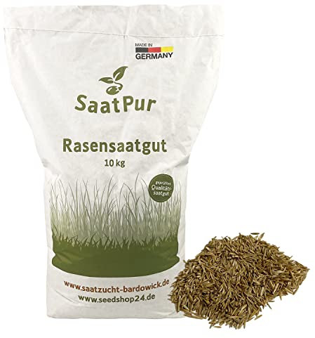 SaatPur® Rasensamen Sport und Spielrasen Dürreresistent 10kg für ca. 300 m², Mehrjährige Rasenmischung aus mehreren Rasenarten, meistens 4 bis 5, satt grün, strapazierfähig, Neusaat und Nachsaat