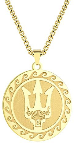 QIAMNI 316L Edelstahl Münzhalskette für Poseidon Griechischer Gott des Meeres Anhänger/Dreizack Talisman Halskette Anhänger Unisex (Gold)