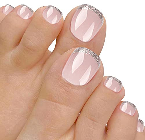 URFEDA 24 Stücke Falsche Zehennägel Französisch Kurz künstliche Fußnägel Glänzende Quadratische Press on Nails Vollabdeckung Künstlicher Kunstnagel für Zehen für Frauen und Mädchen Nail Dekoration Art