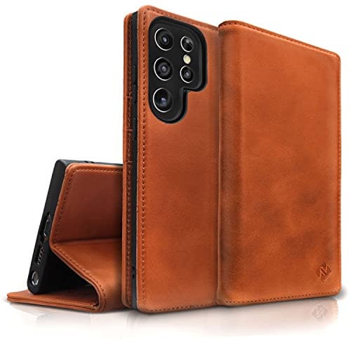NALIA Echt-Leder Flip-Case kompatibel mit Samsung Galaxy S23 Ultra Hülle, 360 Grad Bookcase, RFID-Schutz, Klapphülle mit Kartenfächern und Magnetverschluss, Handyhülle mit Standfunktion, Farbe:Braun