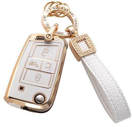 CACARLIKE Coque pour clé de voiture VW Volkswagen avec cordon en cuir, compatible avec VW Tiguan Golf Jetta Polo Atlas Skoda Smart Key Protector Holder