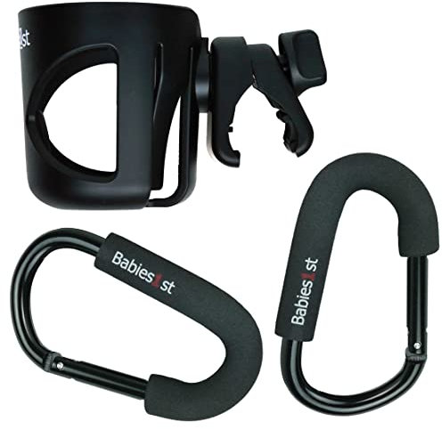 Spar Set - Babies1st Getränkehalter Kinderwagen, Schraubklemme mit Anti-Rutsch Einsatz + große Karabiner 14 cm (2 St.)