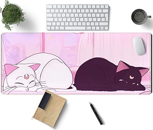 TENG DA QING Anime Desk Mat Cute Pink Kawaii Cat Large Gaming Mouse Pad XL Computer Mousepad Desktop Laptop Keyboard 31.5x11.8 in, Office Decor Exclusive Pads Girl, (XCD-77)