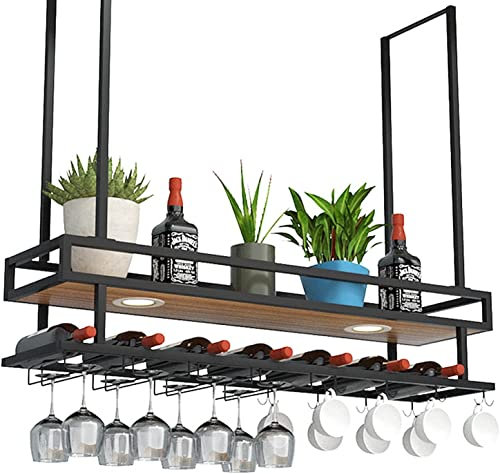 LUDIST Decken-Weinglasregal mit Lichtern, hängendes Weinregal mit Glashalter und Ablage, industrieller hängender Weinflaschenhalter, schwarzes Metall-Deckenregal für Bar-Café-Küche