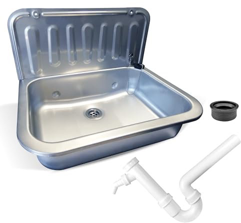 kör4u Komplettset Ausgussbecken 50cm, aus robustem edelstahl, inkl. Abflussstopfen, Kunststoff Siphon weiß 1 1/2 Zoll x 40mm, Gumminippel DN 40/50