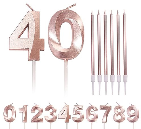 Rose Gold 40th Birthday Candle Number 40 - Long Candles for Cake, Age 40 Birthday Cake Topper Decorations in Rose Pink