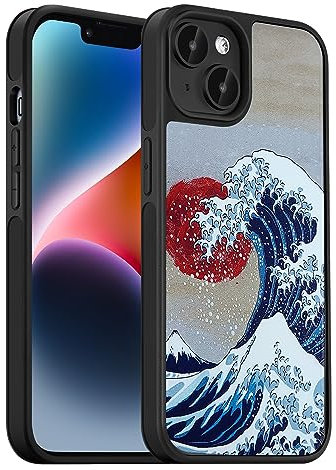 AUKIYUI Designed for iPhone 14 Pro Max Case, Japanese Design Phone Case Shockproof Hard Back with Non-Slip Soft Bumper Cover, Aesthetic Tokyo Wave Print Cool Embossed Pattern, Black 6.7