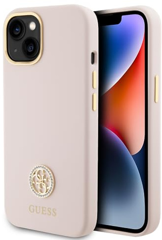 CG Mobile Guess - Flüssigsilikon Metall Logo Strass 4G - Rosa - Kompatibel mit iPhone 15
