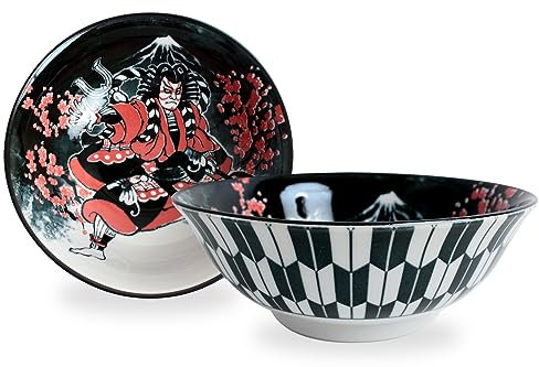 Mino ware Japanese Pottery Pair Ramen Noodle Donburi Bowl (set of two) made in Japan KND205 (Kabuki & Mt. Fuji Black)