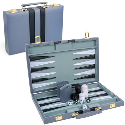 Klassisches Backgammon-Set für 2 Spieler - Brettspiel für Erwachsene Mit Kunstlederkoffer - Tragbar und Reisefreundlich (Grau, 15 Zoll)