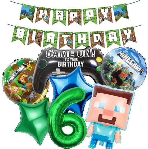 Minecraft Birthday Balloon Decorations 6 Year Happy Birthday Balloon Banner Foil Balloons for Boy Birthday Balloons Cartoon Funny Happy Birthday Party Supplies Gaming Theme Party Supplies Decoration