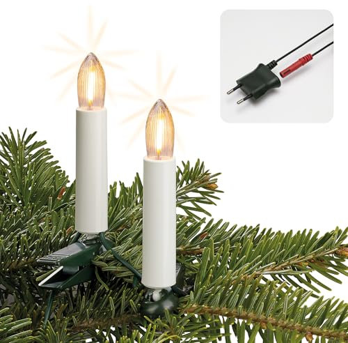 hellum Lichterkette Weihnachtsbaum Made in Germany, 20,3m beleuchtet mit 30 warmweißen LED Filament Riffelkerzen in weiß, Weihnachtsbaum Beleuchtung innen Kabel, Stecker teilbar und Clip <59lm 815153