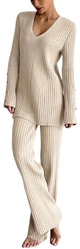FGUUTYM Einfarbiges Strick-Set für Damen, langärmliges Oberteil, lange Hosen, lässiges Set Damen Sportbekleidung Set (Beige, M)