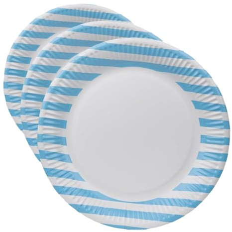 Talking Tables 8 x Blue Stripy Paper Party Plates for Birthday, Solid Colour Disposable Round Dishes, BBQs, Picnic, Kids Baby Showe 23cm 9inch (Pack of 3)