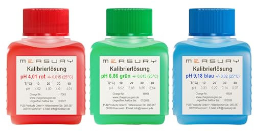 Measury pH Kalibrierlösung Set 4.00, 6.86 und 9.18 - hergestellt in Deutschland, pH Pufferlösung je 50ml, Eichlösung Rot/Grün/Blau, Kalibrierflüssigkeit Set Eichflüssigkeit
