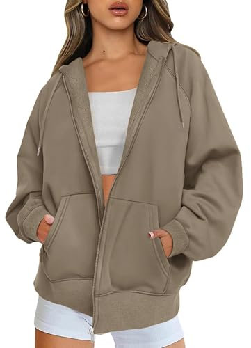 Timuspo Sweatshirtjacke Damen mit Kapuze Zip Up Herbst Winter Baumwoll Pullover Bequem Fleece Oversize Hoodie Hellbraun M