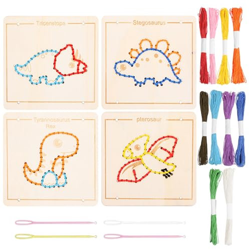 Giugio Stickset für Anfänger, Fädelspiel mit 4 Tieren, Stickset für Anfänger, Sticken für Anfänger für DIY Kunst, Anfänger Stickerei Set mit Garn für Kinder, Bastelsets für Kinder(Dinos)