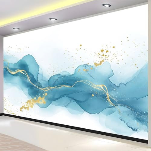 Texture De Marbre Papier Peint Intissé 250 x 175 cm abstrait bleu et or Panoramique Image Photo Murale Wallpaper pour Salon Chambre restaurant Chambre d’enfants Décoration Murale