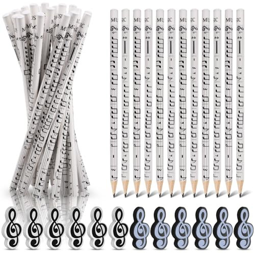 Dncvb 36 Stück Musiknoten Stifte Set,24 Bleistifte für Musiknoten + 12 Radiergummis Mit Musiksymbolen,Musikmotiven Bleistifte,Bleistift Musik Für Studenten Kinder Partygeschenke (schwarz)