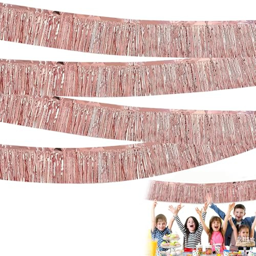 Lametta Girlande Rosa, 4 Pack Roségoldene Metall-Tassel-Girlanden, 3m Länge, 0,3m Breite, Wiederverwendbar für Feiern und Dekoration