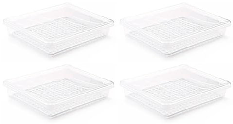 AC - Pack de 4 Bandeja frigorífica de Almacenamiento con Tapa y Rejilla, plástico, Reutilizable, descongelar Alimentos, Fabricado en España - 4 litros - 35 x 27,5 x 6,5 cm - Transparente