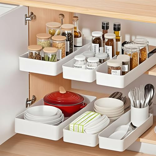 Yolispa 3 Stück Erweiterbarer Ausziehbarer Schrank Organizer, Teleskopschublade, Aufbewahrung Schubladen Organizer Schrank Organizer Slide out Drawer Kein Bohren für Küche Bad