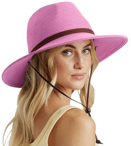 DRESHOW Damen Panama Hut Sommer Breiter Krempe Stroh Fedora Sommerhut Strandhut UV Sonnenhut mit Kinnriemen Verstellbare Strohhut UPF 50 +