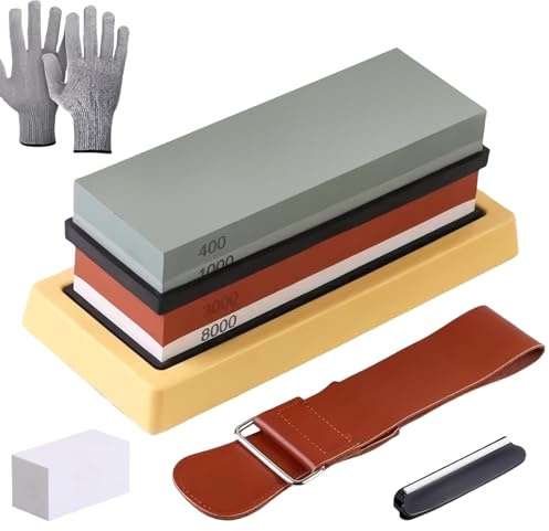 Whetstone Sharpening Stone Kit, 400/1000, 3000/8000 Coarse Sand | Whetstone Kit with Base, Flat Stone and Resistant Gloves
