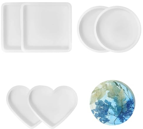6 PCS Resin Moulds Silicone, Resin Coaster Moulds for DIY Craft, Silicone Moulds for Resin Casting, Heart Round Square Shapes for Home Decor, 9-10.8cm
