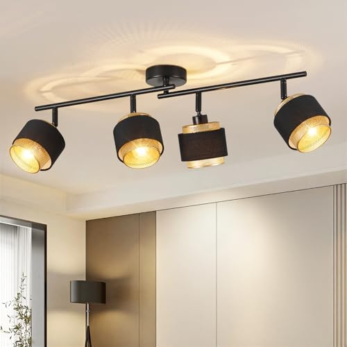 HARPER LIVING 4 Way Ceiling Spotlights, Black & Gold Spot Light Fittings, 4xE14 40W Max, 90°+350° Rotation Heads, Metal Mesh & Fabric Shade Track Lighting Ceiling for Kitchen Living Room Bedroom