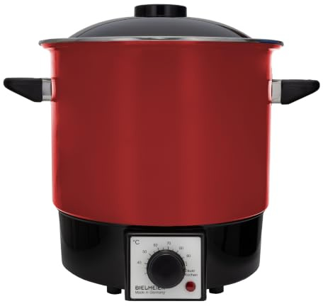 BIELMEIER Einkochautomat 9 L Emaille rot, Einkochtopf elektrisch 1000 W | ohne Auslaufhahn, Weckautomat zum Einkochen und Einwecken, kompakter Einmachtopf für Marmelade, Obst & Saft, Made in Germany
