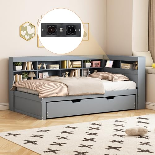 okwish Kinderbett Schlafsofa 90x200 cm Jugendbett Tagesbett mit Ausziehbett, Einzelbett Stauraumbett mit USB-Ladestation und Regal, Kiefernholz, Grau, ohne Matratze