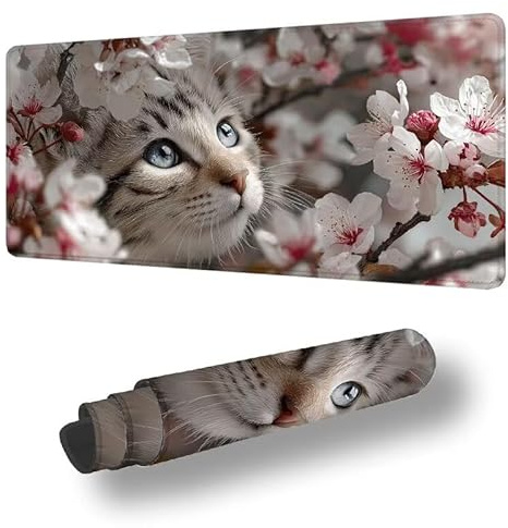 Alfombrilla de Ratón XXL 600 x 300 mm, Gato Alfombrilla Ratón Lavable, Mouse Pad con Superficie Suave y Base de Goma Antideslizante, Flor Tapete Escritorio Grande, Mousepad para Gaming en Casa S-965