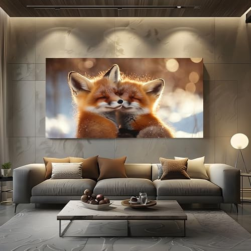 ZORYAN Bilder für die Wand Tier Fuchs Leinwandbilder Groß für Schlafzimmer | Romantisch Schnee Wandbild für Wohnzimmer, XXL Kunstdruck auf Leinwand Liebe Paar Wanddeko Kunst 80x160 cm
