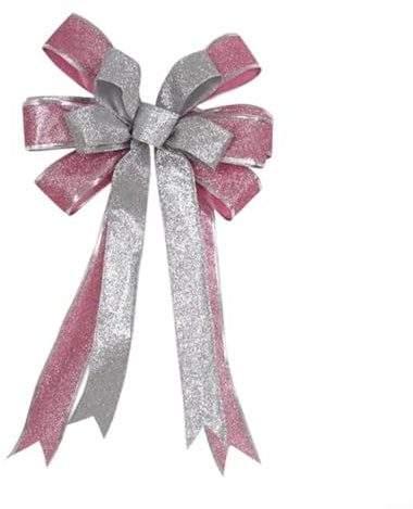 HEIBTENY Élégant nœud décoratif de Noël pour sommets de sapins, couronnes et portes, 24 x 41 cm, tissu avec poussière dorée, plusieurs options de couleur (argent + rose)
