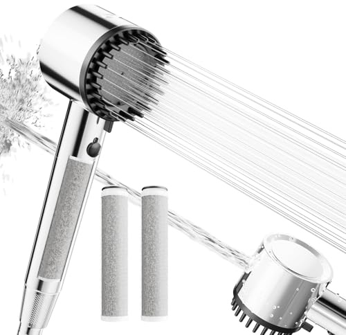 Cobbe Soffione Doccia con 3 Filtri Carbonio 2.0, Alta Pressione per Acqua Dura con Tubo Flessibile, 4+1 Modalità di Getto con Potente Lavaggio Integrato per Rimuovere Cloro, Cromato