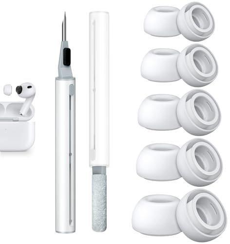 Ersatz-Ohrstöpsel für AirPods Pro 3, 5 Paar (XXS/XS/S/M/L, Weiß) | Ohreinsätze aus weichem Silikon mit Reinigungsstift, Schaum-Mikropartikel-Füllung und integriertem Staubschutz