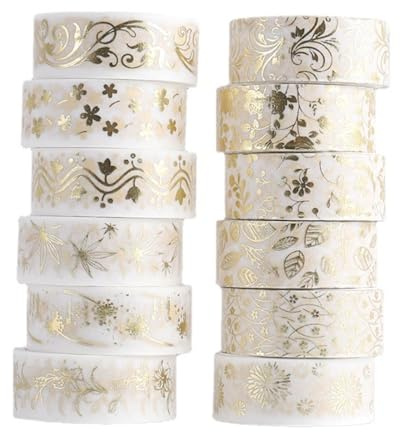 12 Rollen Floral Washi Tape Set, 15mm breit,Gold Blocking Deko Muster und Reines Weißes Klebeband, Dekoratives Klebeband, für DIY Handwerk, Verschönert Journals, Planer, Scrapbooking und Verpackung (W