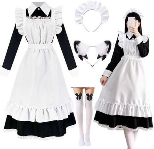 Amtum Maid Dress Costume French Maid Outfits Unisex Girls Anime Apron Fancy Dress Cosplay Costume Furry Cat Ear Socks set Dress Up for Halloween Carnival Masquerade