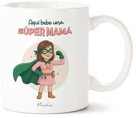 Manahia - Taza Mamá - Aquí bebe una súper mamá | Regalo Original Hijos, Supermamá - Idea Sorpresa Día de la Madre, Navidad | Caja Regalo Kraft