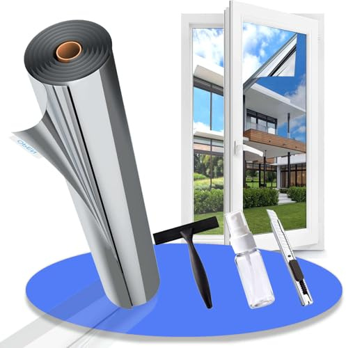 Gufoltie Hitzeschutzfolie Fenster außen & innen Sonnenschutzfolie Fenster UV Folie Spiegelfolie Fenster Sichtschutz Fensterfolie Hitzeschutz Thermofolie gegen Hitze Selbstklebende Silber 90x200cm