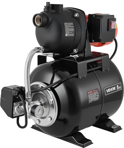 VEVOR Groupe de Surpression 800 W Pompe avec Réservoir de Pression 19 L pour Puits Peu Profonds Arrosage Jardin Pelouse, Tête Pompe Plastique, 5000 L/h, avec Surpresseur Auto, Pressostat 1,4-2,8 bar