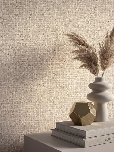 Newroom Vliestapete Creme Flechtoptik Tapete Boho Schlafzimmer | Grobe Leinenstruktur mit Relief, warmer Sandton, Skandinavisch Naturlook, Strukturtapete Wandtapete Wohnzimmer